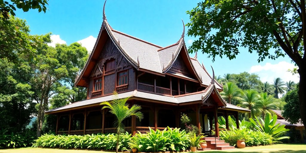 Traditional Thai house in a green landscape.