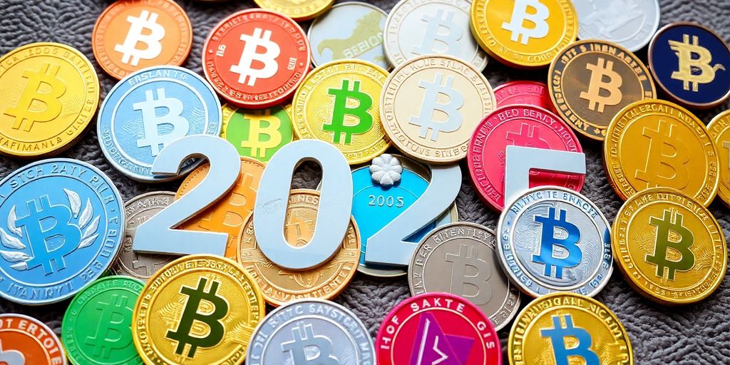 Various cryptocurrencies arranged visually on a textured surface.