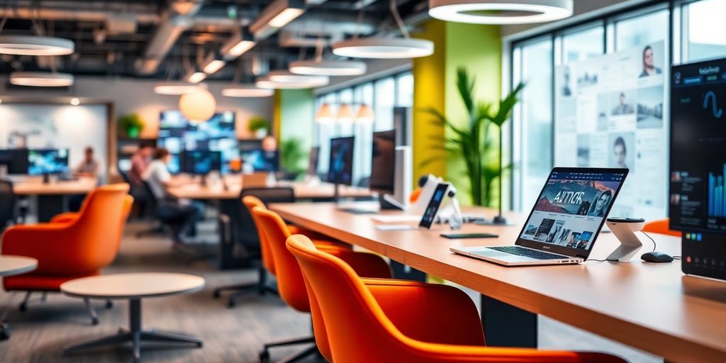 Modern workspace with AI technology and innovative design.