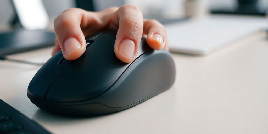 Mouse ergonômico com mão em uso.