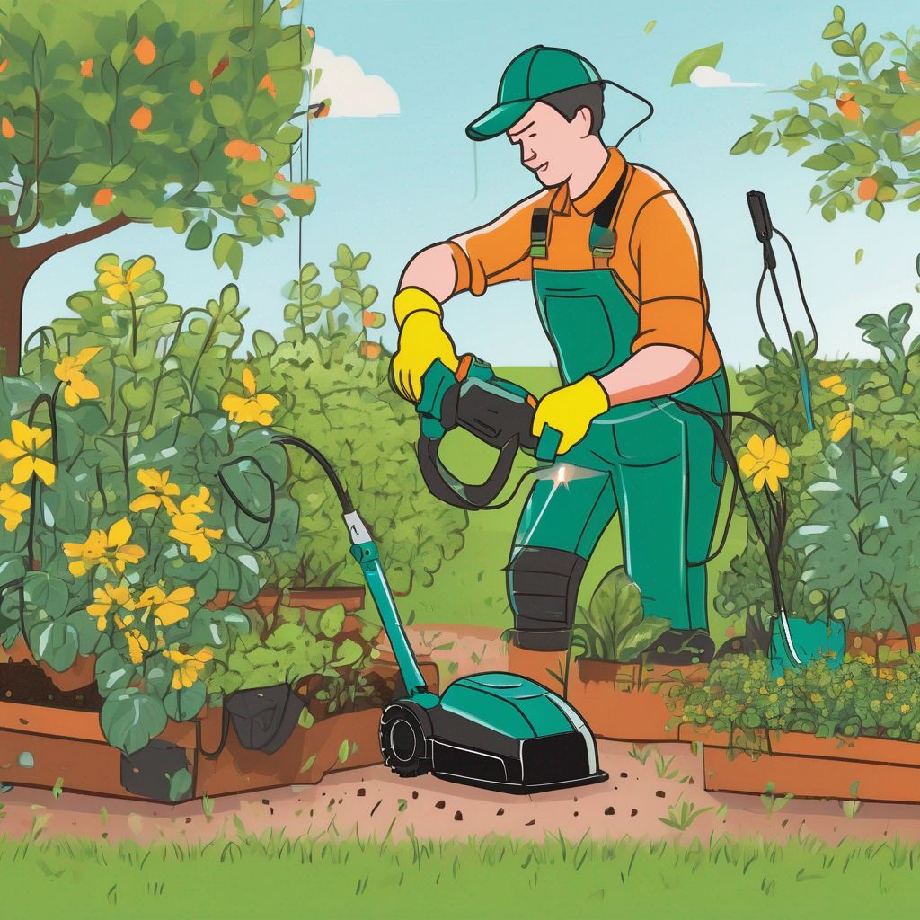 person using electric gardening tools safely in a garden