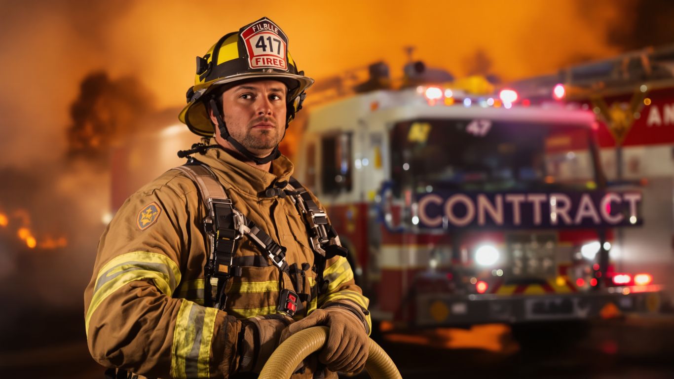 Contract firefighter with hose, fire truck, smoky background.