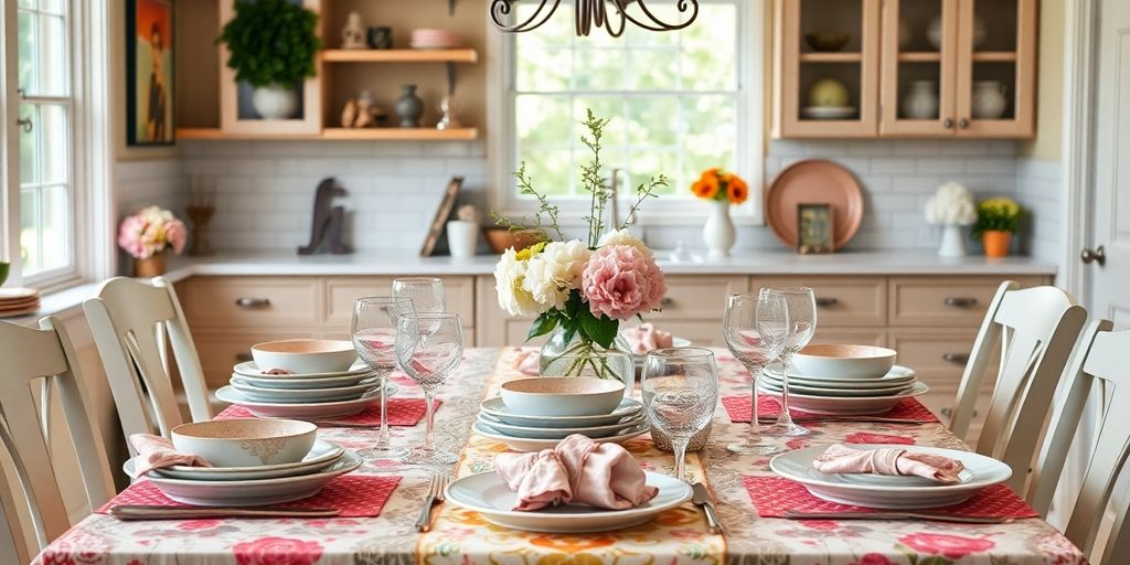Stylish kitchen table setup with decorative dishware and linens.