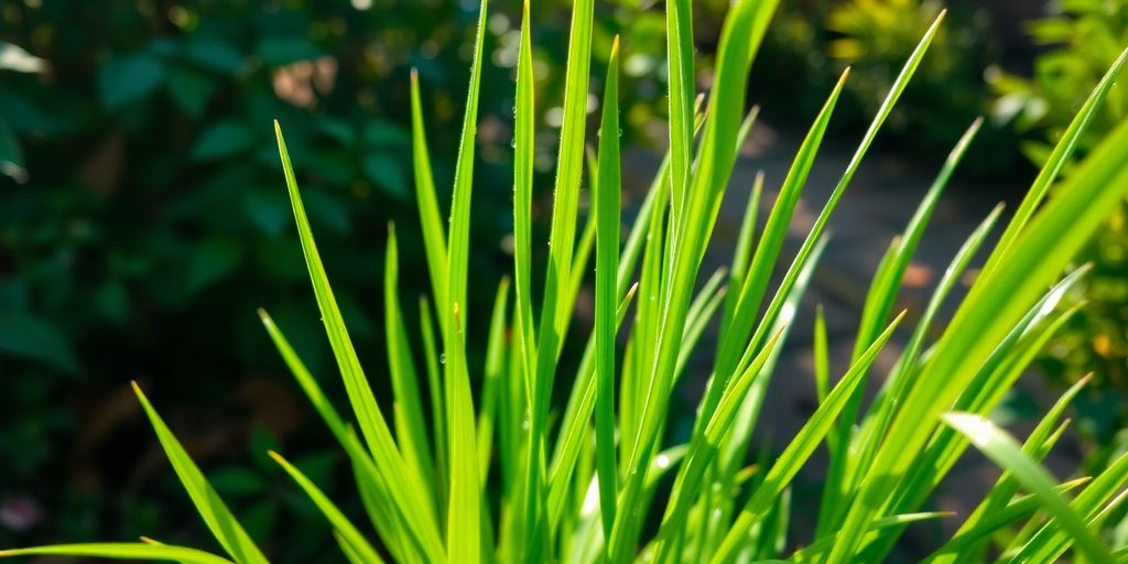 Vedere apropiată cu planta citronella verde, luminoasă, picături de rouă