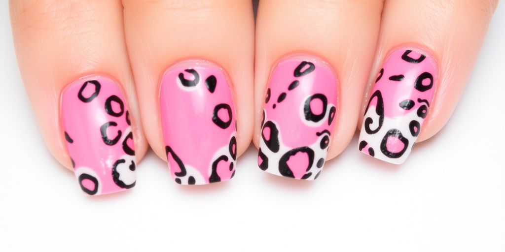 Unhas rosa e branco com estampa de animal estilizada.
