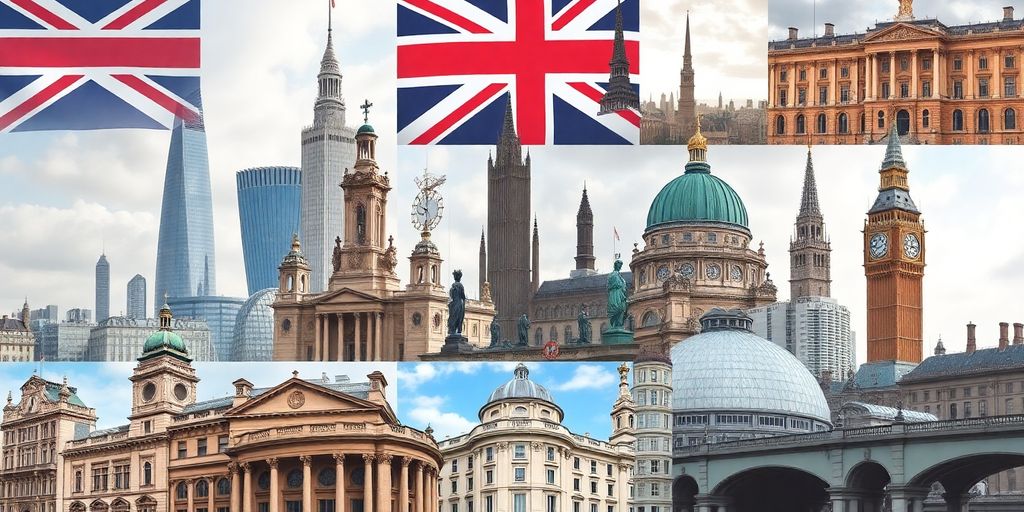Iconic British cityscapes with landmarks.