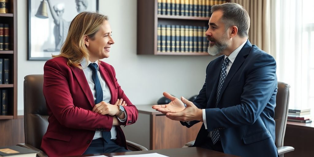 Lawyer consulting with client in a legal office.