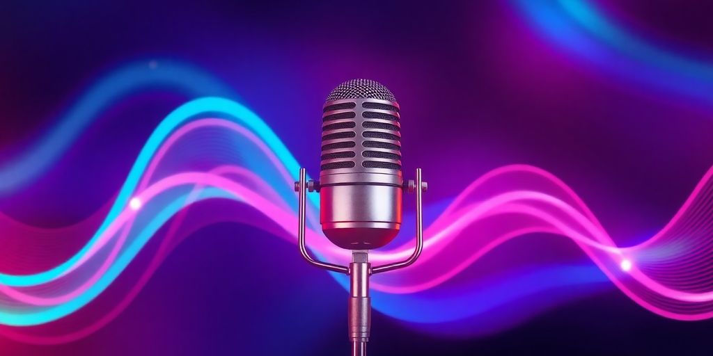Podcast microphone with vibrant visual effects.