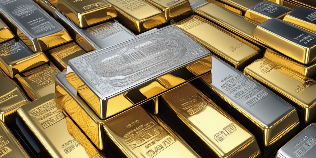 gold and silver bars with central bank building in the background