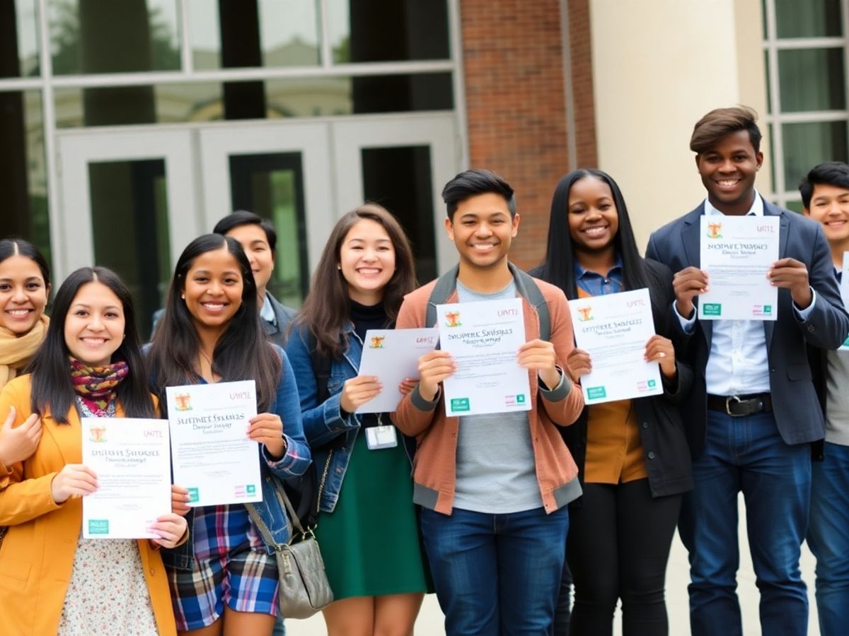 Diverse engineering students celebrating their scholarship awards outside.