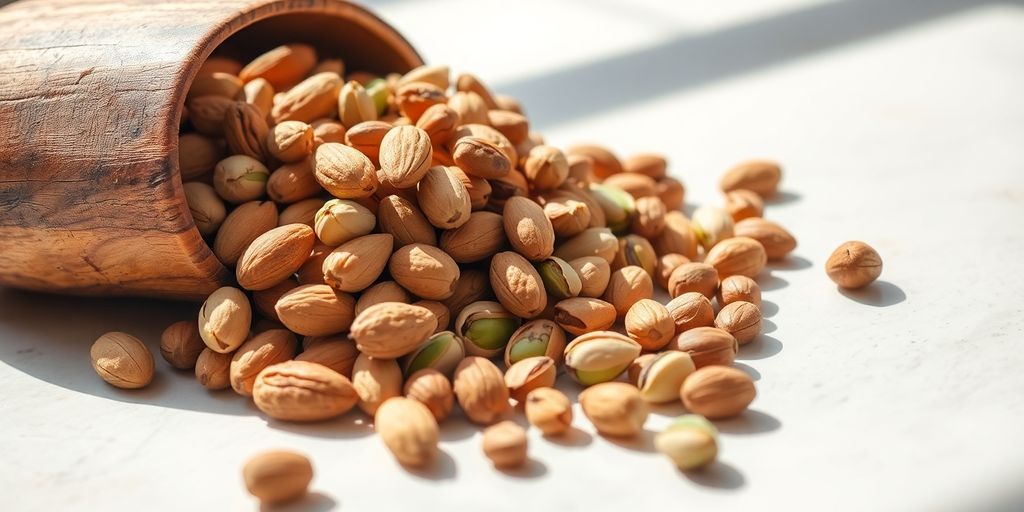 Assorted nuts in a wooden bowl.