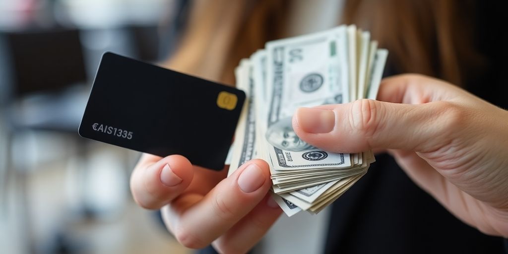 Argent liquide et carte bancaire dans une main.