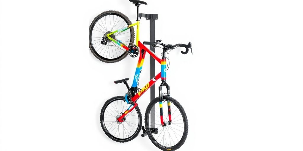 Vertical bike rack with a colorful bike mounted on wall.