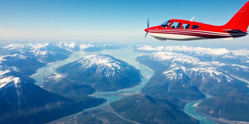 A small plane flies over majestic snow-covered Alaskan mountains.