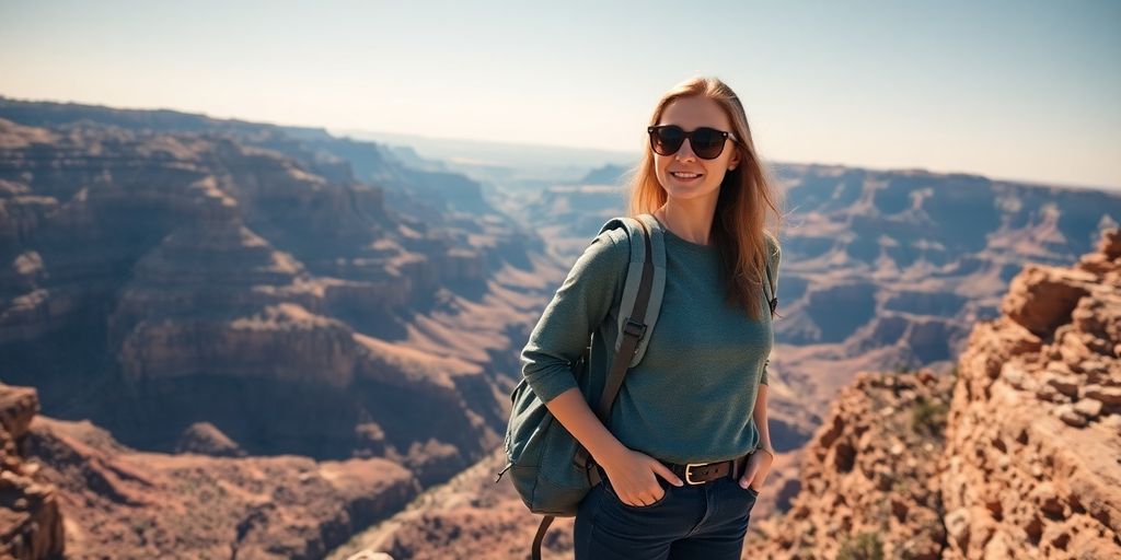 Solo female traveler exploring a scenic natural landscape.