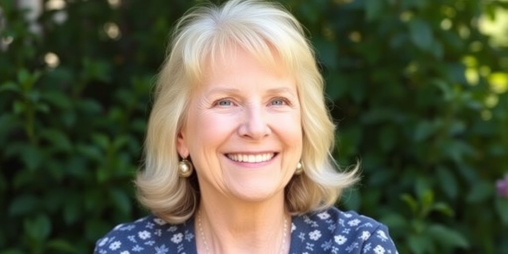 Teri Garr smiling outdoors in a serene setting.
