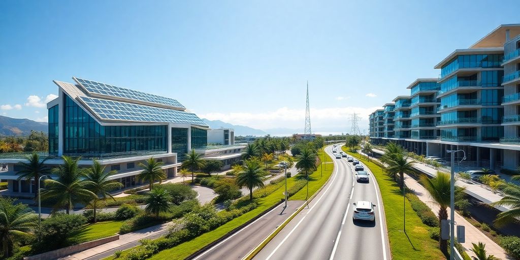 Photographic image of Maui smart city, futuristic buildings, green energy, tropical landscape.