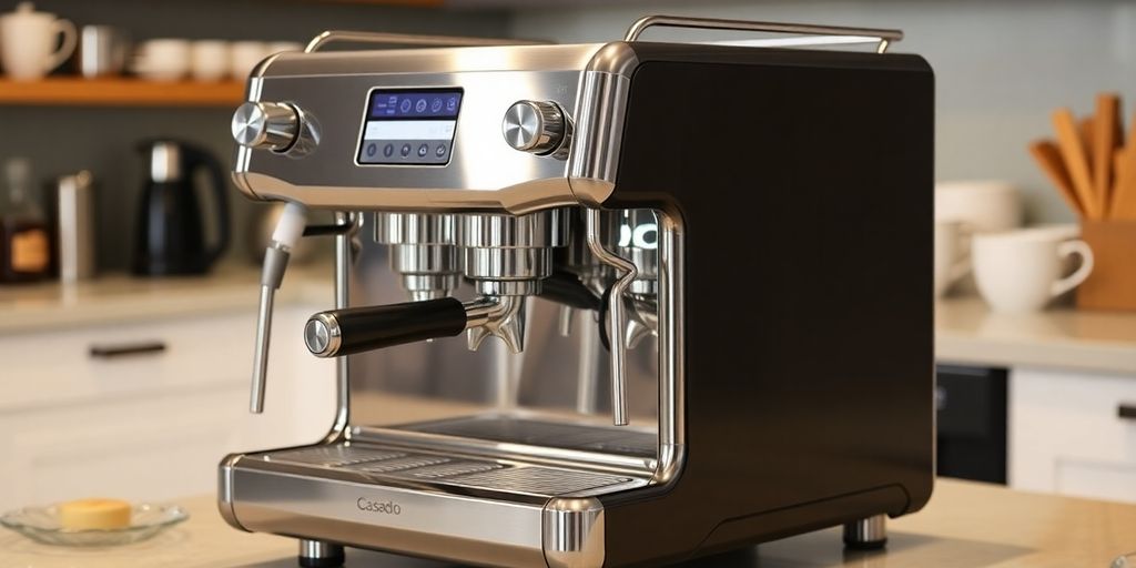 Sleek Casadio espresso machine with polished chrome.