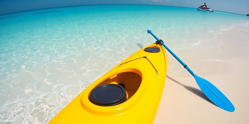 Kayak and paddle on beach with jet ski in ocean