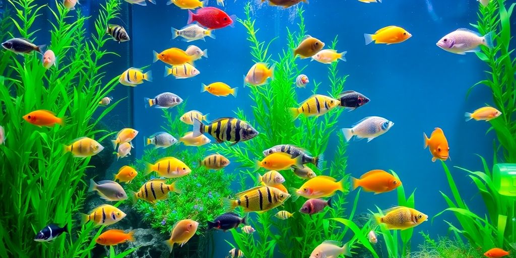 Makukulay na isda sa aquarium na lumalangoy sa mga luntiang halaman at dekorasyon.