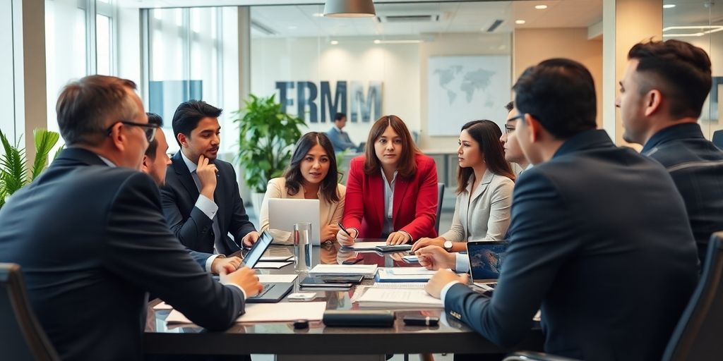 Diverse professionals in a business meeting discussing regulations.