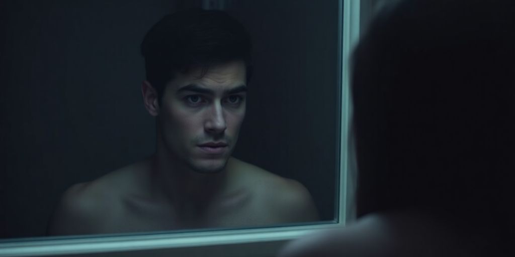 Person looking sadly at reflection in mirror.