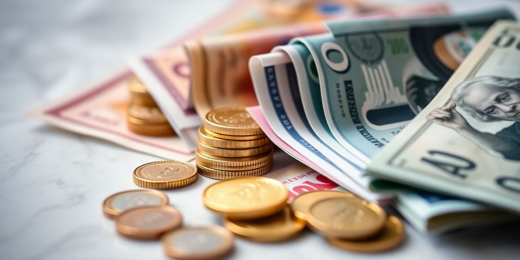 Photograph of currency notes and coins on a table.