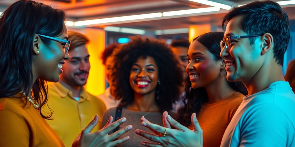 People interacting with futuristic AI technology in vibrant setting.