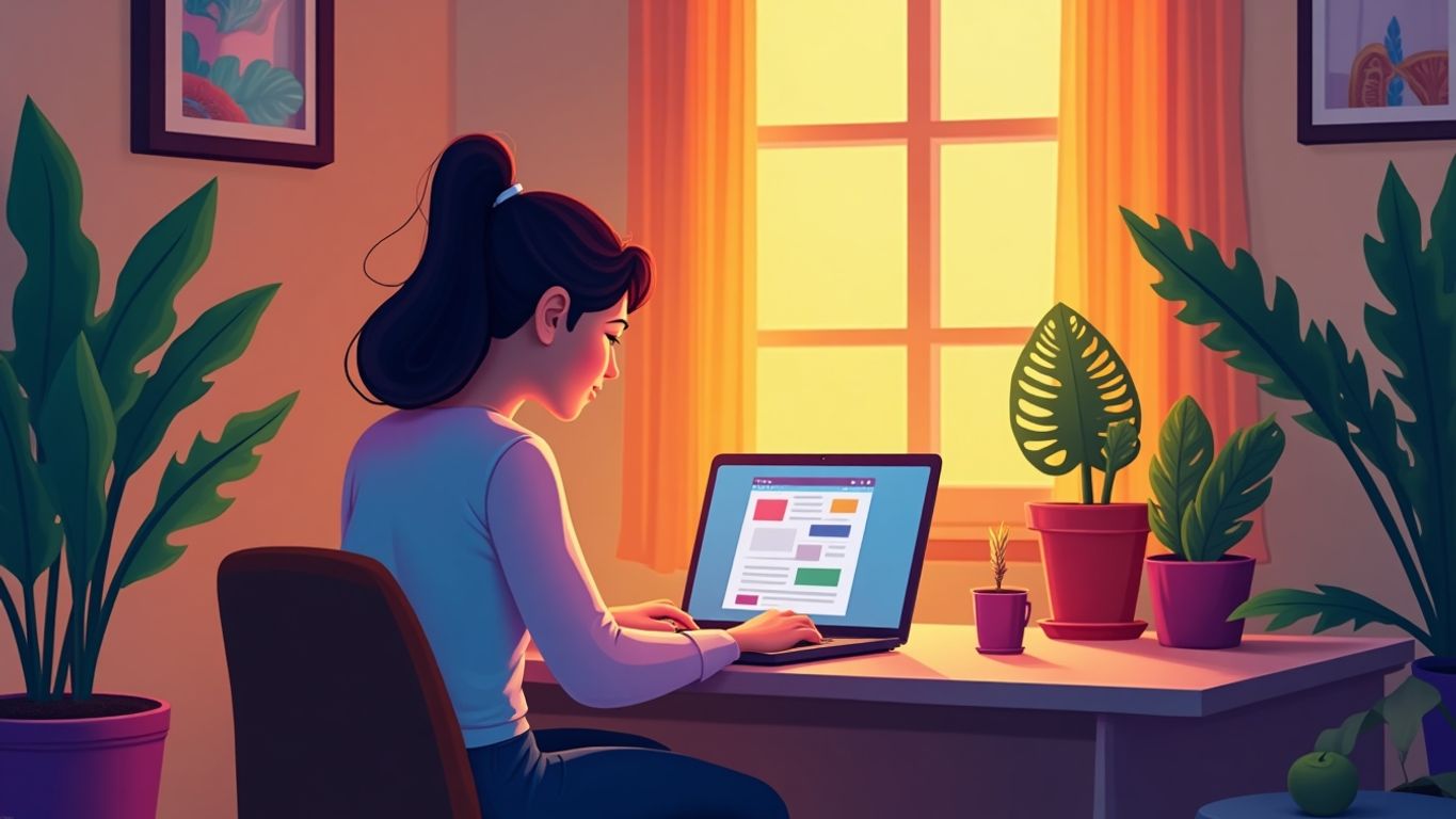 Person working on a laptop in a cozy workspace.