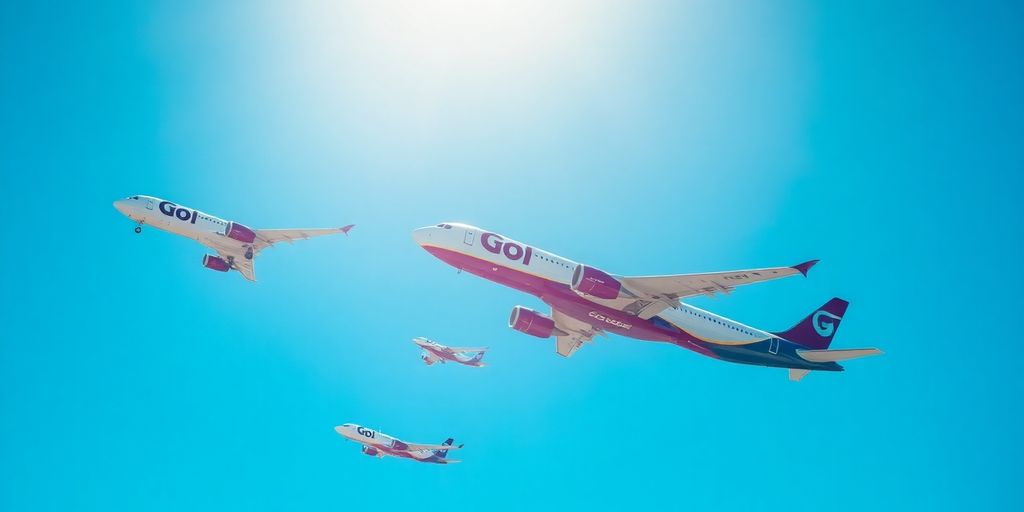 Aviões da Gol em decolagem com céu azul vibrante.