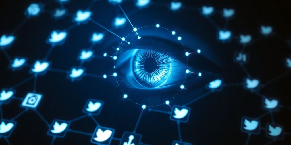 Robot observing social media icons on a screen.