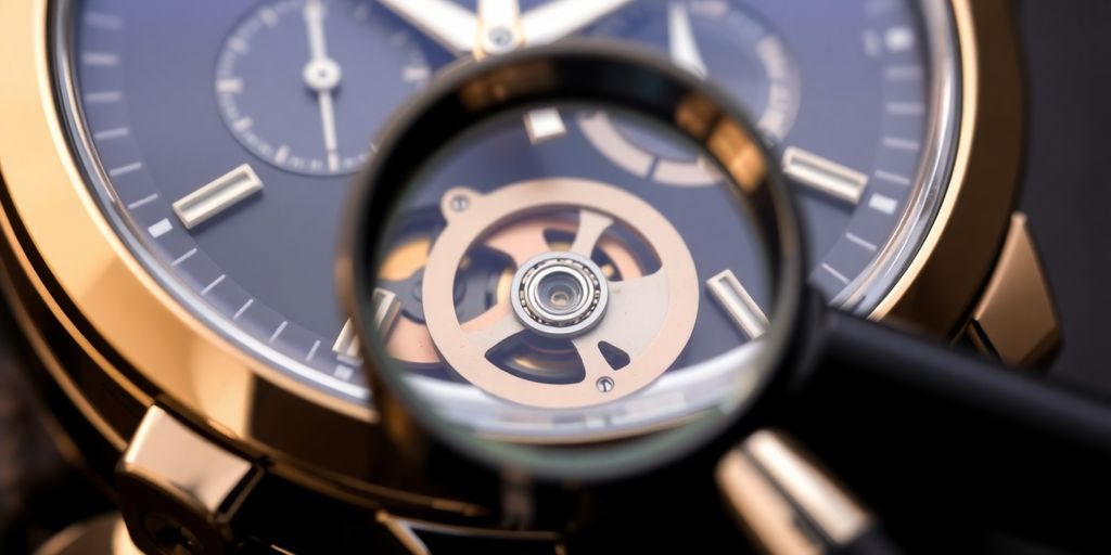 Montre de luxe avec une pièce défectueuse à côté.
