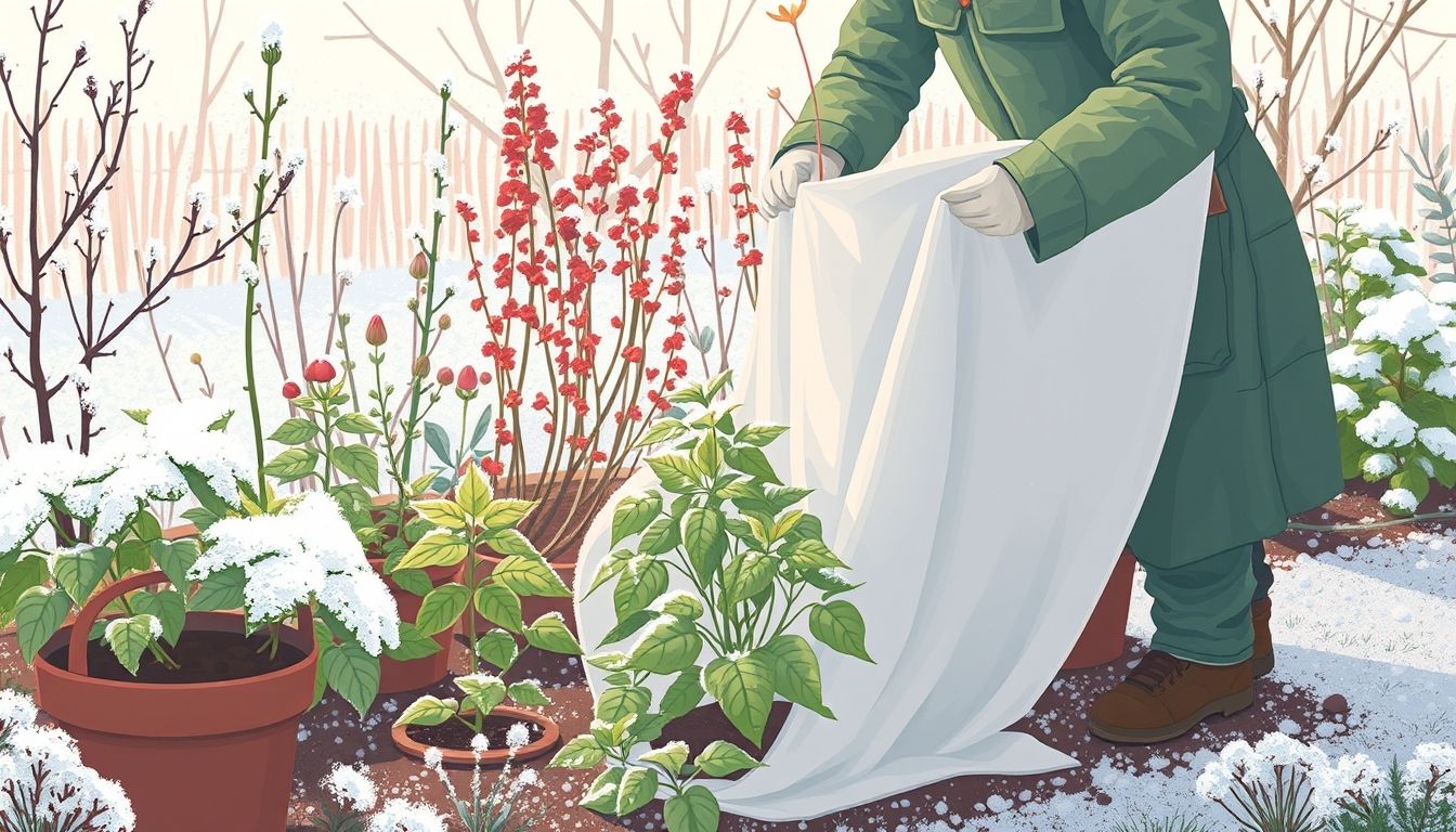 Gardener covering plants with protective fabric in winter