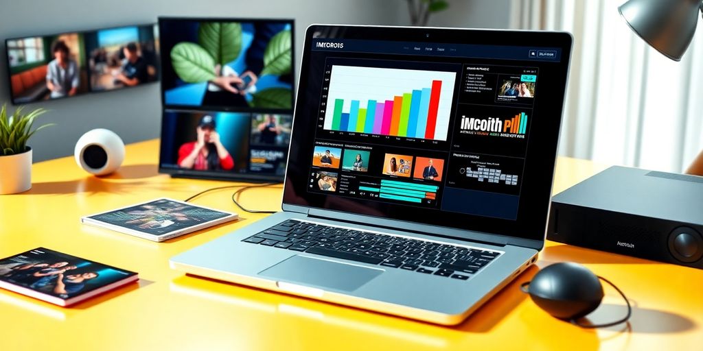 Laptop with multimedia elements in a bright workspace.