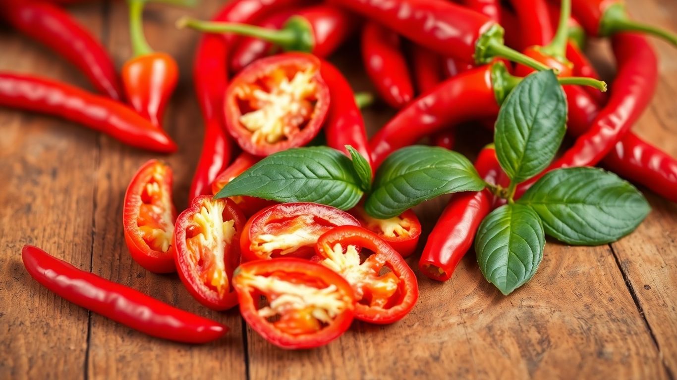 Bright red chili peppers scattered on a wooden surface.