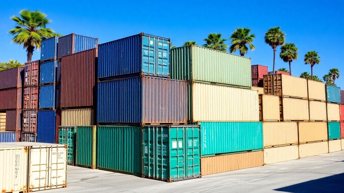 Used storage containers stacked in a sunny Orlando lot.