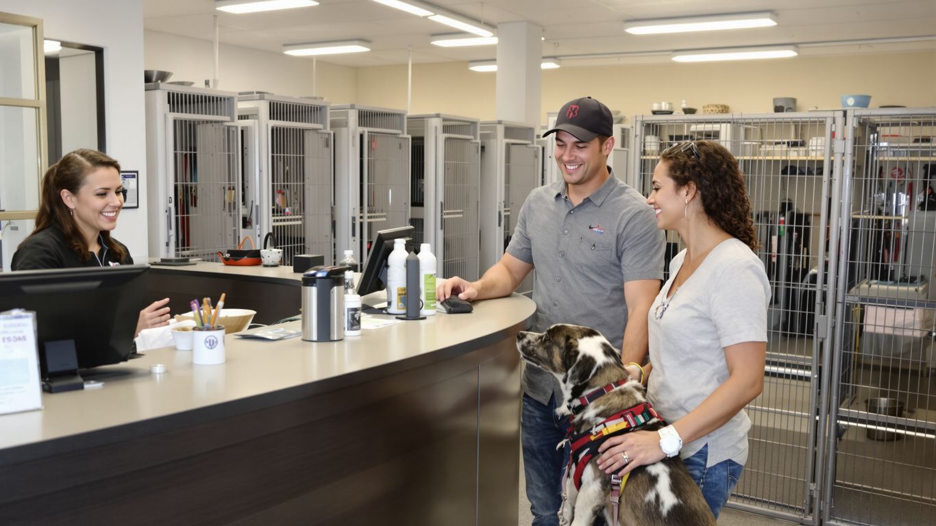 Family meets rescue dog at shelter counter with card reader.