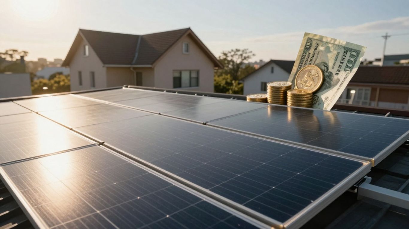 Solar panels on a roof with financial symbols.
