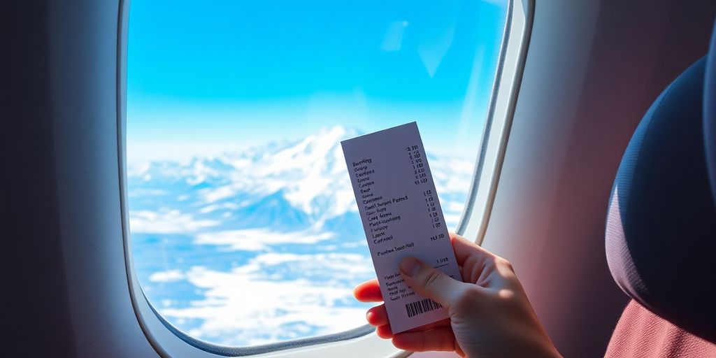 Airline passenger looking out plane window at mountains.