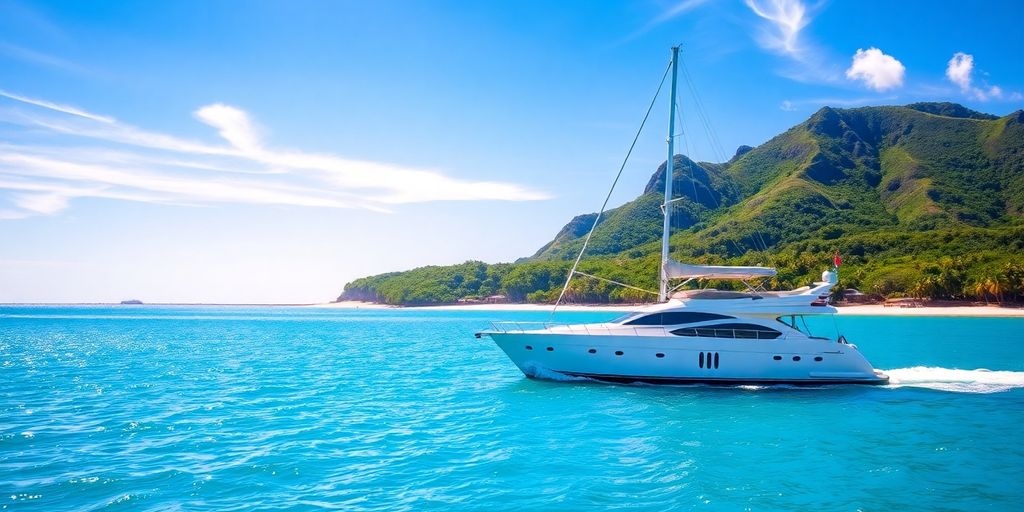 Luxury yacht sails Komodo, pink beach, clear water.