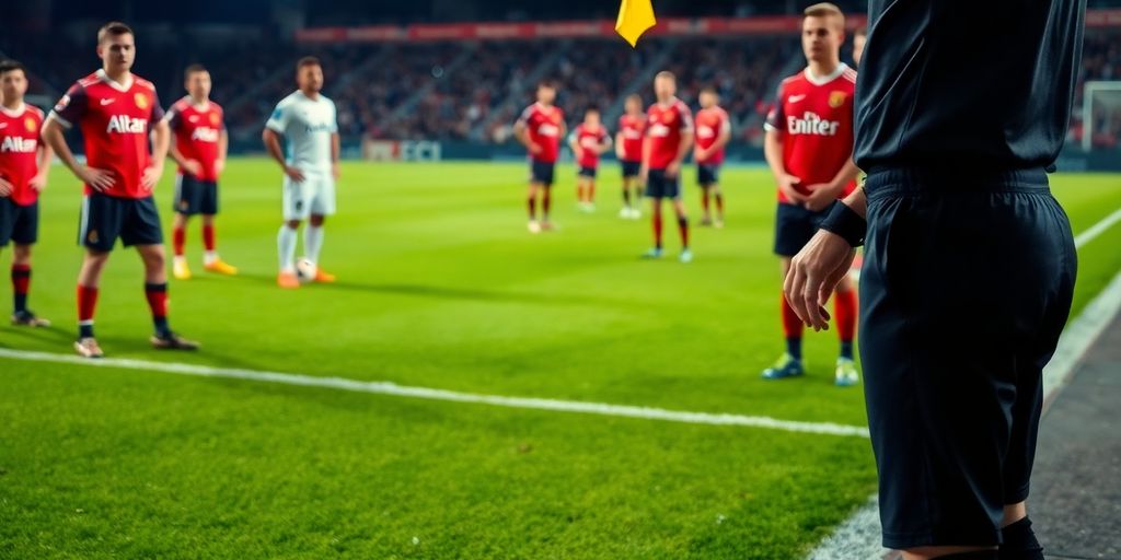 Ref waving flag, soccer players watching, offside call.