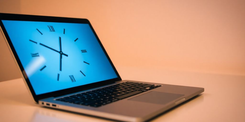 Clock hands blurred on a desk with a laptop.