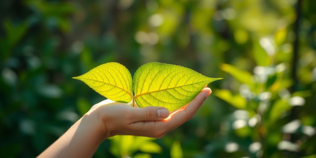 Mână ținând o frunză verde, simbol al naturii.