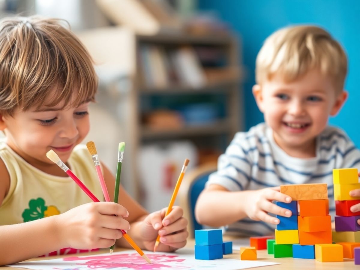 Copii pictând și construind cu blocuri colorate.