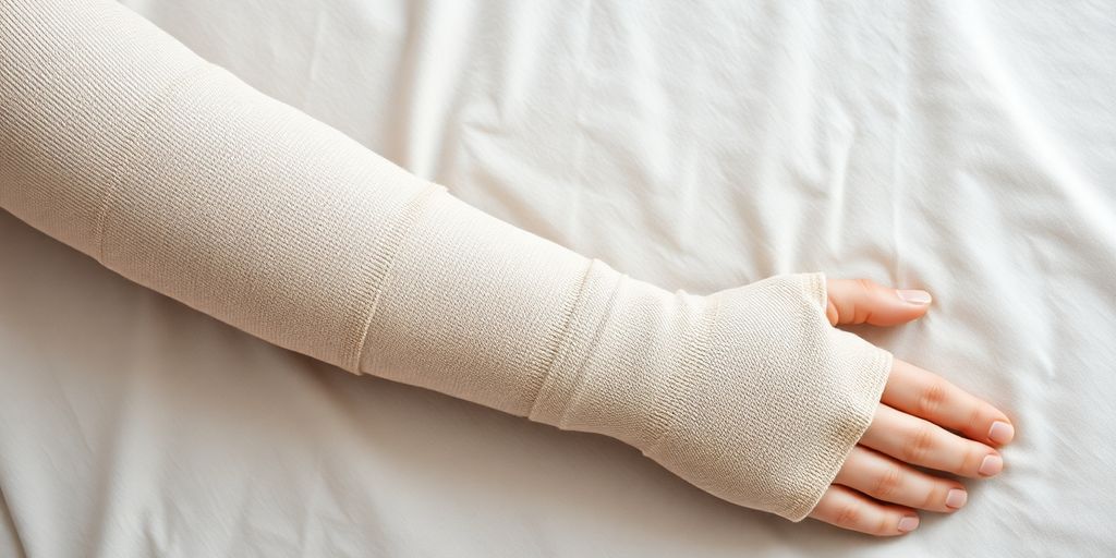 Man's arm with lymphedema, wrapped with compression bandages.