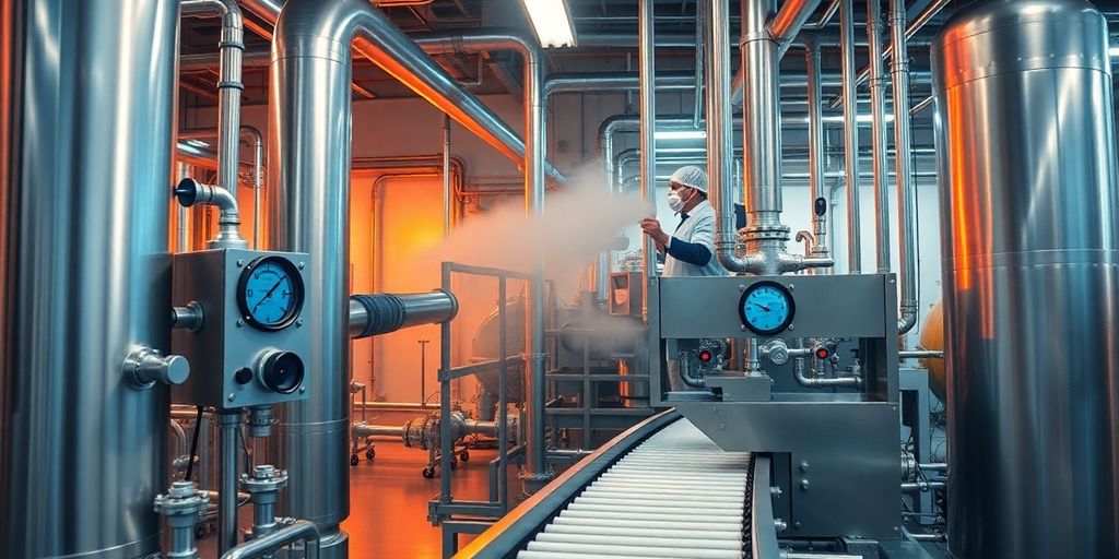 Interno di stabilimento con tubature, valvole, tecnico e nastro trasportatore