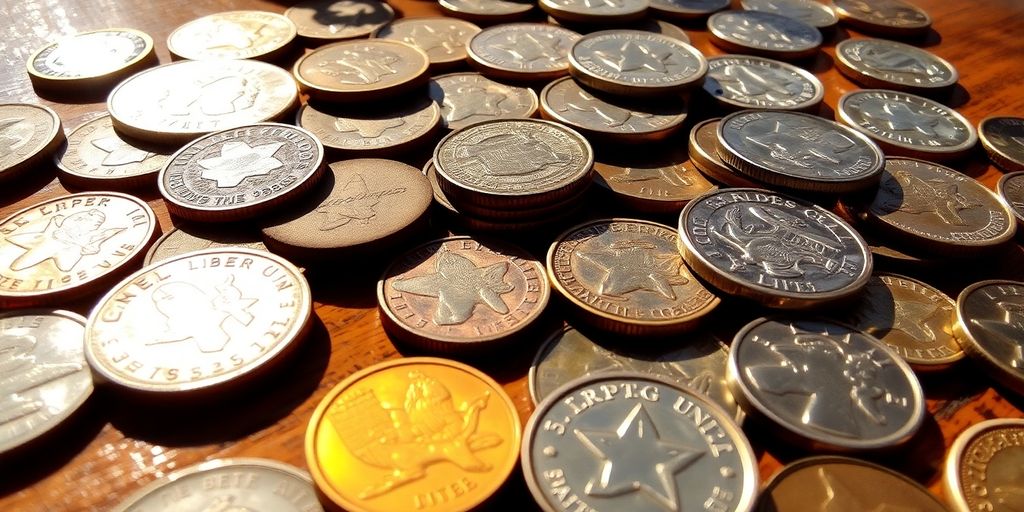 Coins scattered on a table at a club meeting.