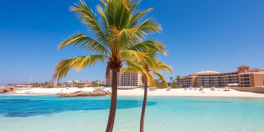Hermosa playa en Cabo México con resorts y palmeras.
