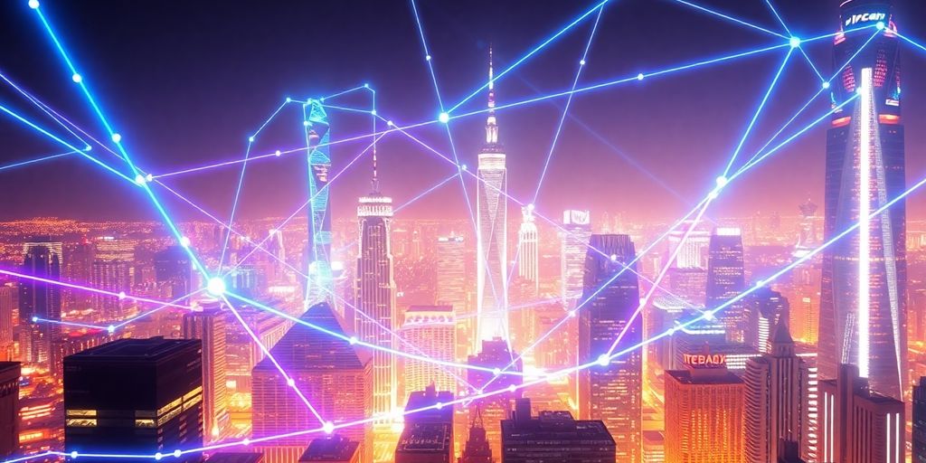 Cyberpunk cityscape with glowing lines.