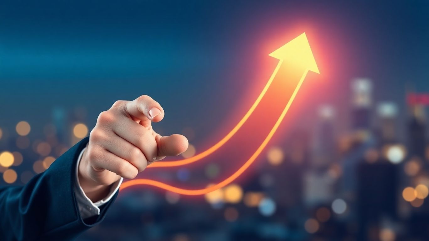 Consultant pointing at upward growth arrow with digital background.